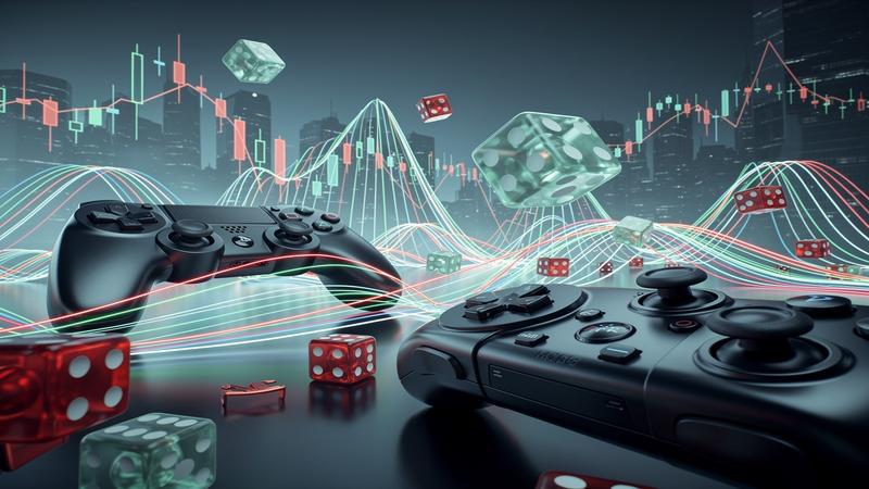 Abstract financial gaming landscape with rising and falling stock charts intertwined with game controllers and dice