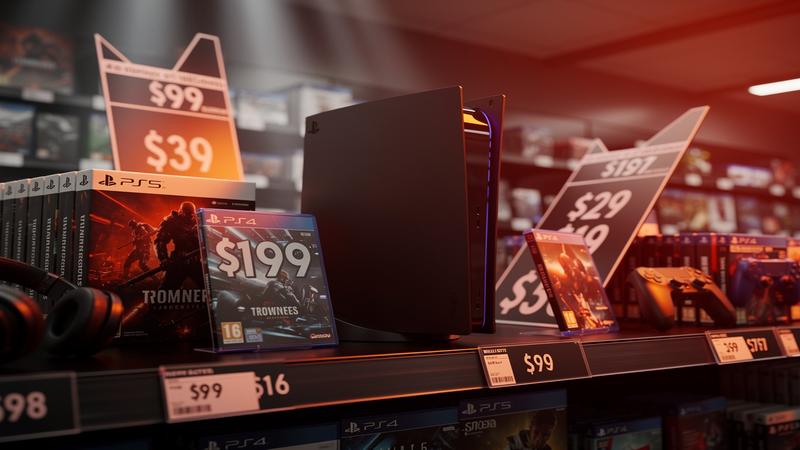 PlayStation 5 console on retail shelf with updated price tags under dramatic red and orange lighting