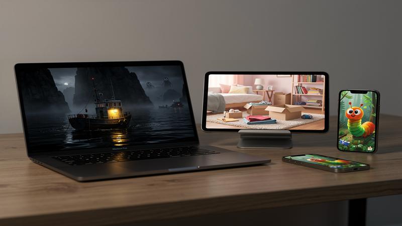 Apple devices showcasing indie games with spooky fishing boat, cozy unpacking boxes, and colorful caterpillar