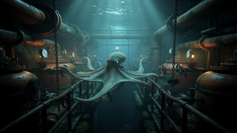 Stealth game with octopus navigating dark industrial complex with pipes and machinery in cinematic underwater atmosphere
