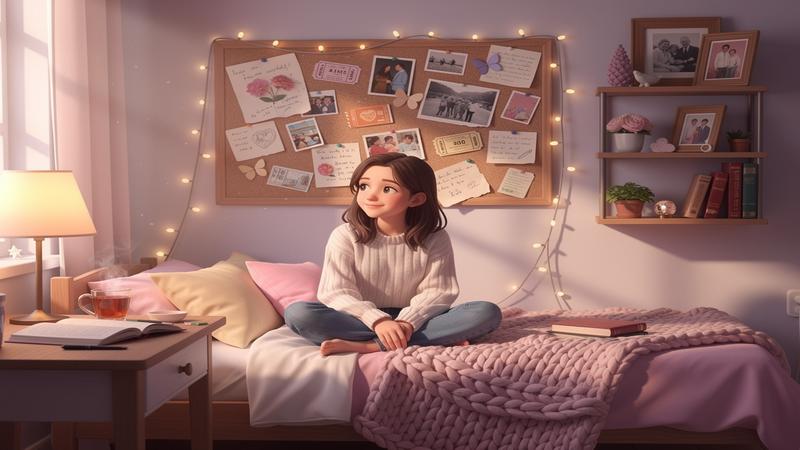 Wholesome narrative game scene with young woman in cozy bedroom surrounded by memories and soft pastel colors