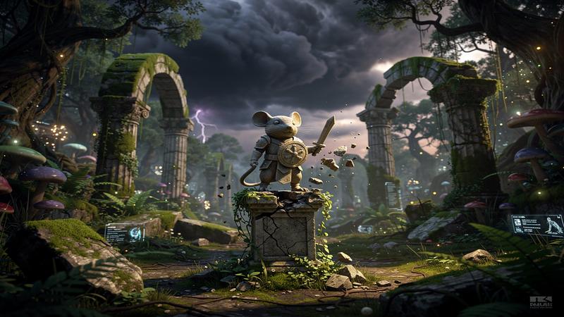 VR fantasy forest with tiny mouse warrior statue crumbling as dark storm clouds gather over mossy ruins
