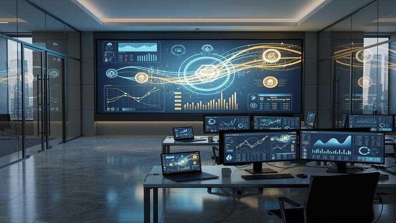 Government regulatory building with digital casino chips and holographic fee charts in corporate blue and gold