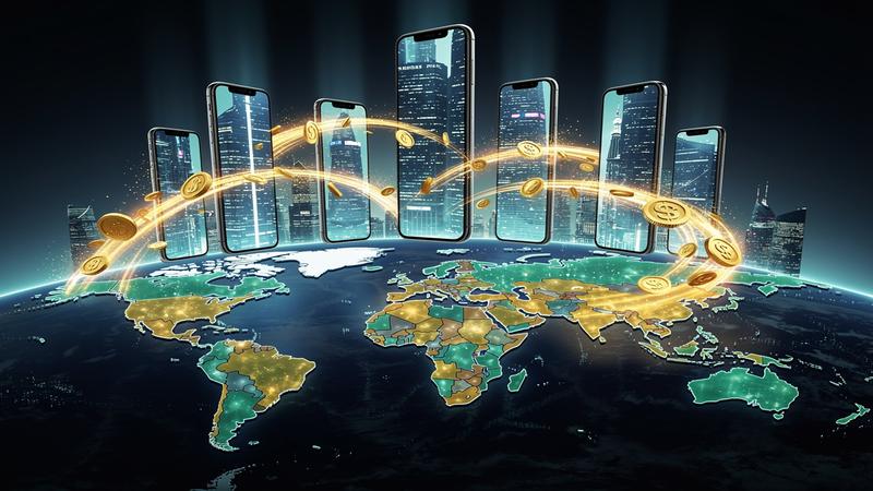 Global mobile gaming market concept with golden coins flowing between skyscrapers shaped like smartphones across Asia and world map