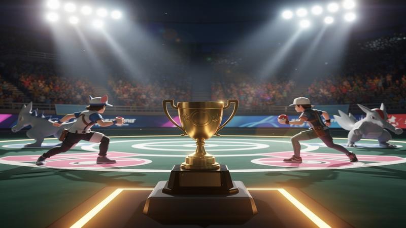 Pokemon competitive battle arena with championship trophy and trainers facing off in dynamic arena under bright stadium lights