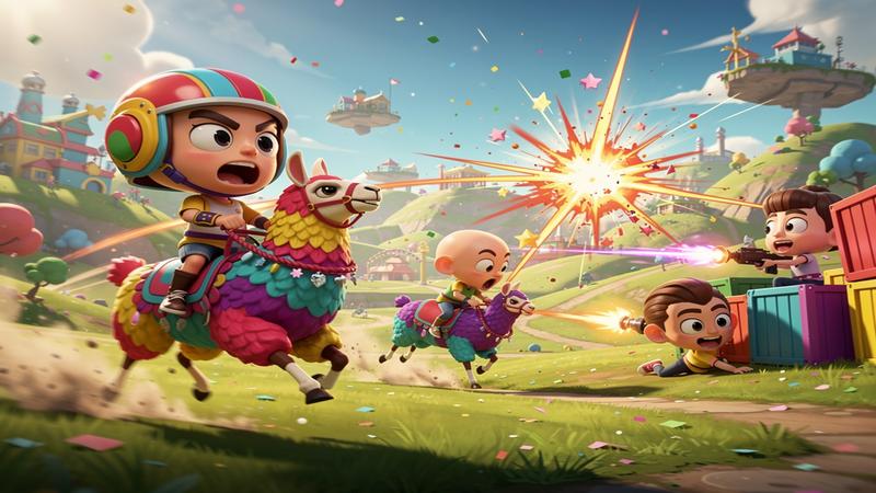 Colorful Fortnite battle royale scene with comically oversized character heads, rideable llamas, and chaotic cartoon action
