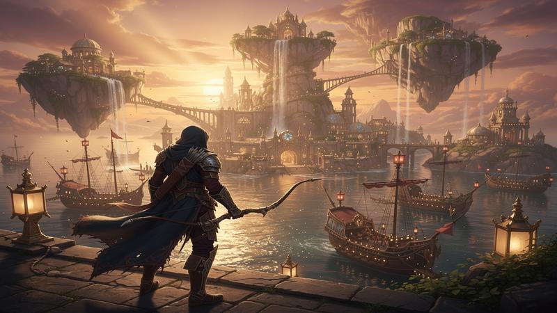 Fantasy archer character standing before a magical port city with floating islands and golden sunset sky