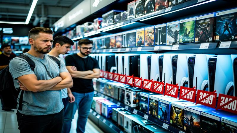 Electronics store with slashed PS5 price tags and disappointed gamers viewing updated shelf displays