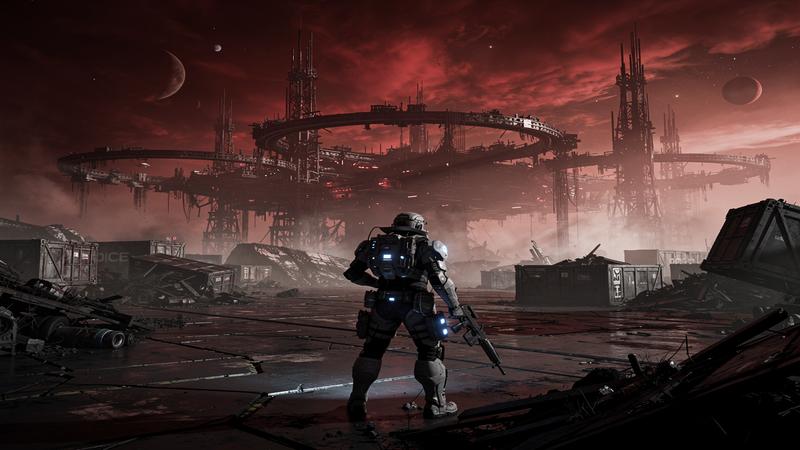 Dark sci-fi extraction shooter landscape with abandoned space station and lone figure in exosuit under red sky