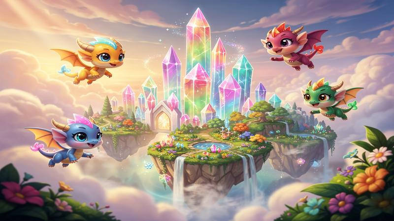 Colorful fantasy mobile game scene with cute dragons flying over vibrant islands and crystal castles