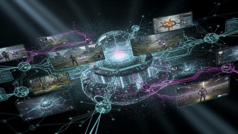 Futuristic AI rendering concept with holographic game world and neural network nodes in cyan and purple tech aesthetic