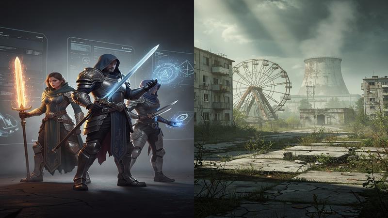 Xbox Game Pass library showcase with turn-based RPG characters and post-apocalyptic Chernobyl landscape split composition