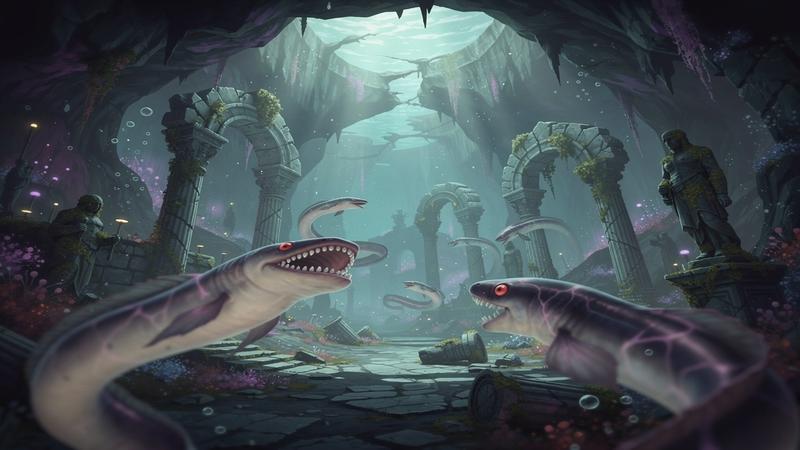 Whimsical indie game scene with vampire lamprey creatures swimming through glowing underwater caverns and ancient ruins