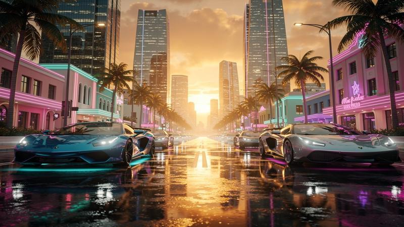 Luxury Miami-inspired cityscape at sunset with neon lights and sports cars reflecting on wet streets in cinematic game art
