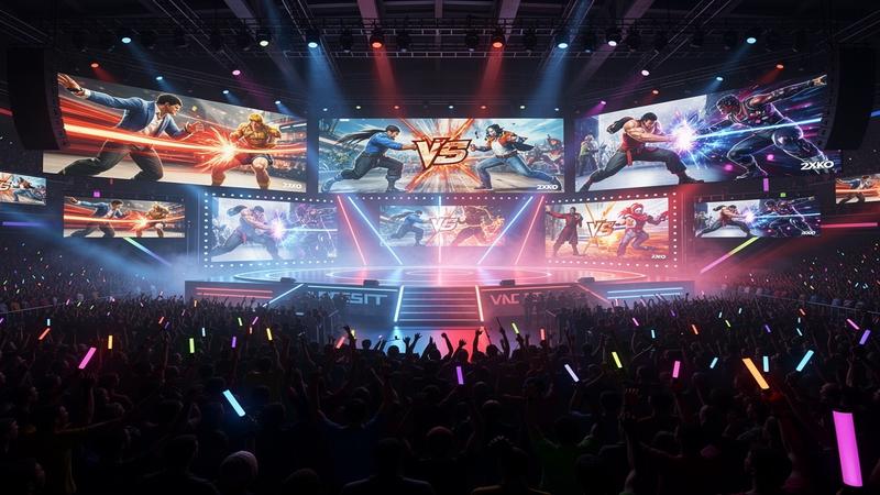 Massive fighting game tournament arena with glowing stage, large screens displaying Tekken and 2XKO fighters, cheering crowd