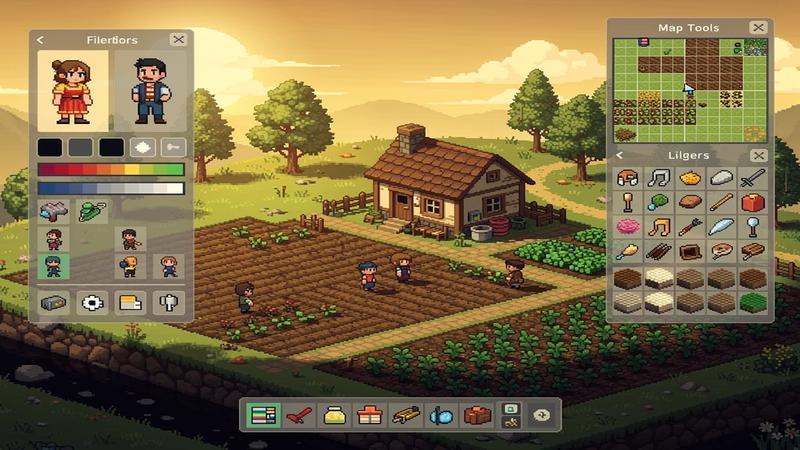 Cozy pixel art farm scene with modding interface overlays showing character editors and map tools in warm green and brown tones