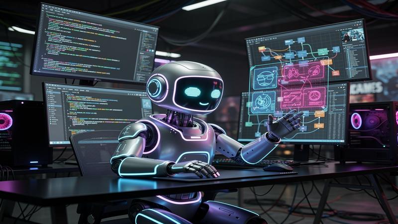 Open source game engine concept with glowing robot mascot working at multiple screens showing game code and console icons