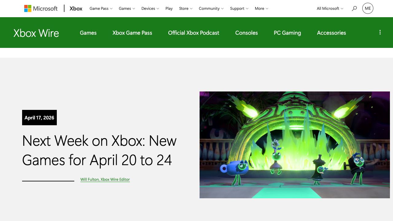 Source-page screenshot from Xbox Wire Next Week on Xbox April 20 to 24 article