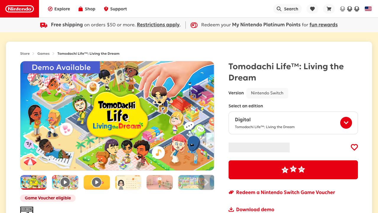 Source-page screenshot from Nintendo store page for Tomodachi Life Living the Dream
