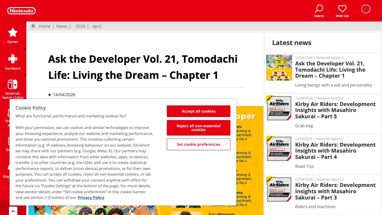 Source-page screenshot from Nintendo Ask the Developer Tomodachi Life chapter