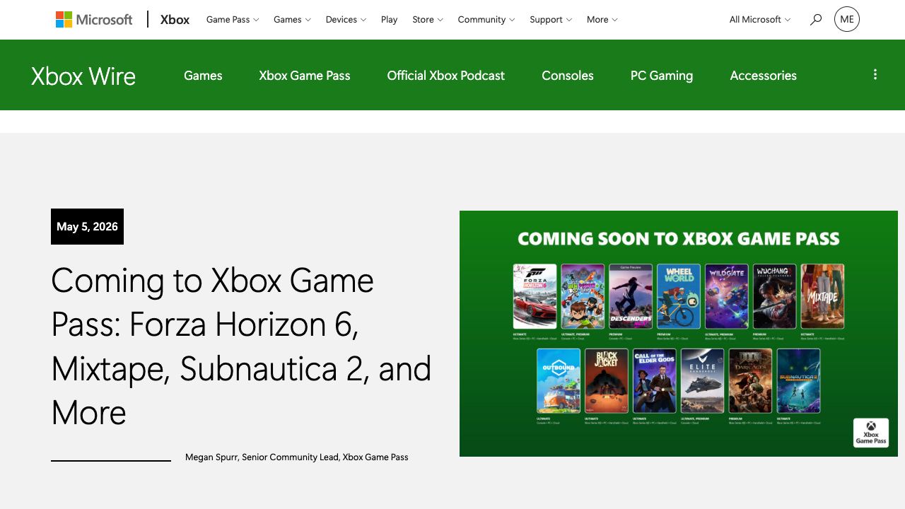 Xbox lays out a crowded May Game Pass wave led by Forza Horizon 6, Mixtape, and Subnautica 2