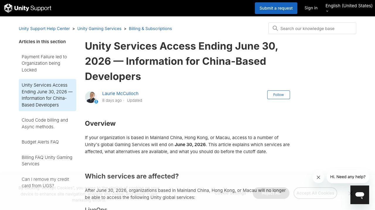 Unity says access to several global Gaming Services will end for China-based organizations on June 30