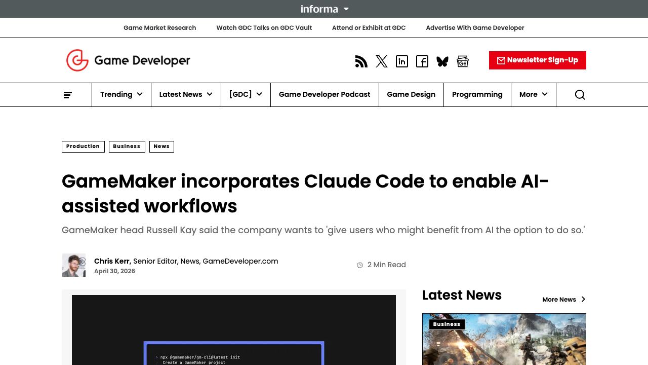 GameMaker adds Claude Code support through its new command-line workflow