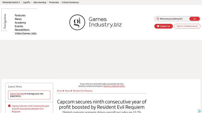Capcom ninth profitable year