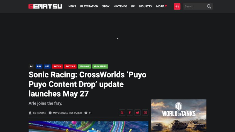 Sonic Racing: CrossWorlds adds Puyo Puyo characters and tracks