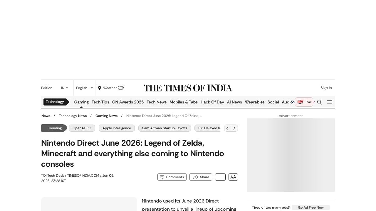 Times of India reads the Direct as Zelda, Minecraft, and Switch 2 support