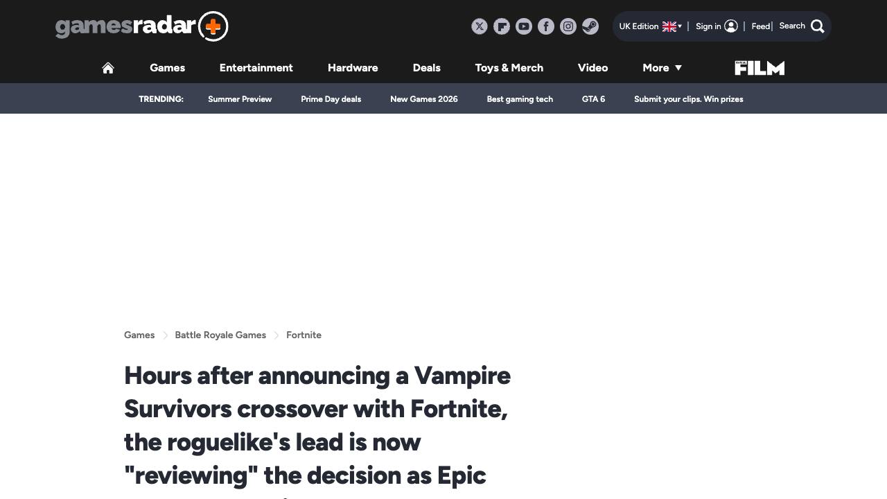 GamesRadar article about Vampire Survivors reviewing Fortnite crossover