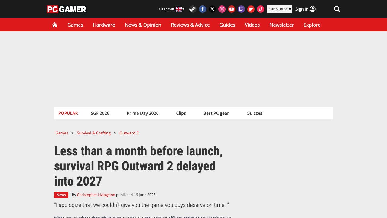PC Gamer article about Outward 2 delay into 2027