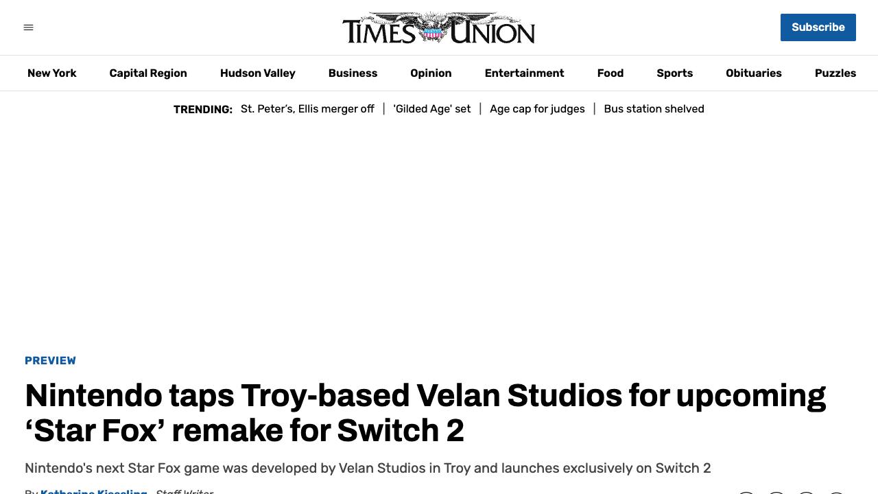 Times Union article about Velan Studios developing Star Fox for Switch 2