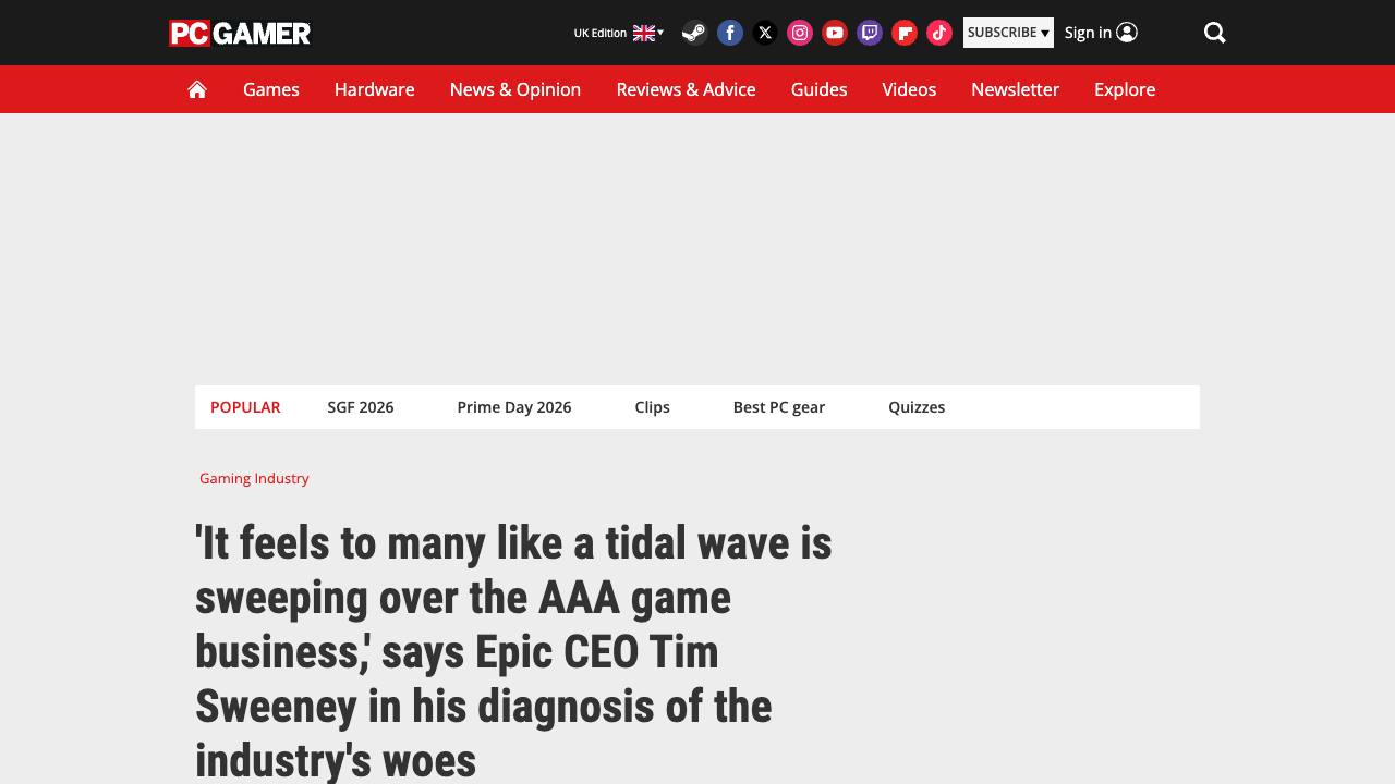 PC Gamer article about Tim Sweeney warning of AAA cost pressure