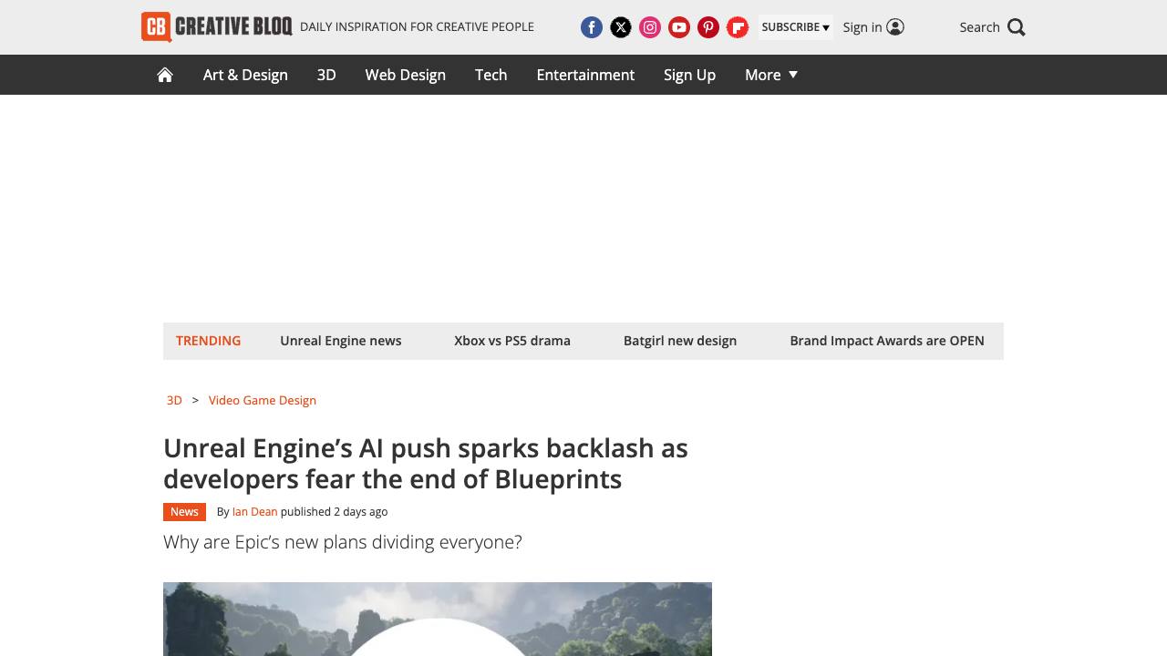 Creative Bloq article about Unreal Engine 6 AI and Blueprints backlash