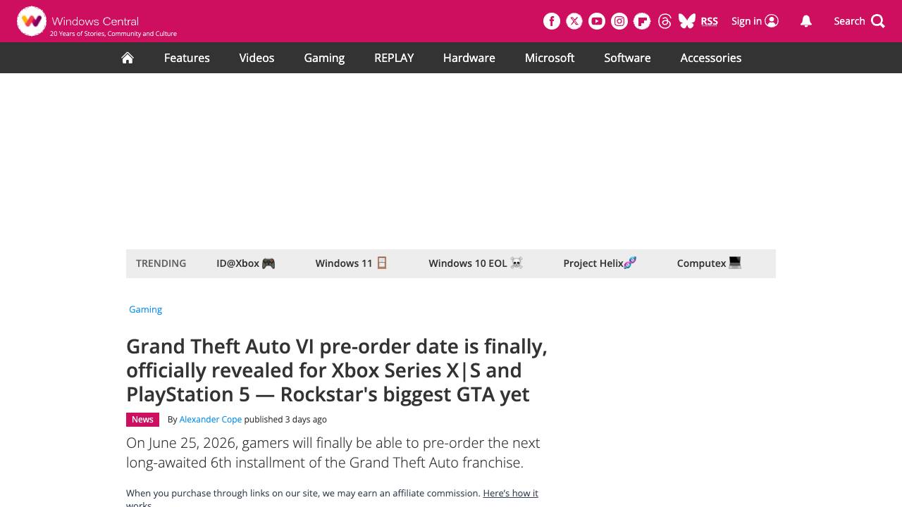 Windows Central article about GTA VI pre-order date