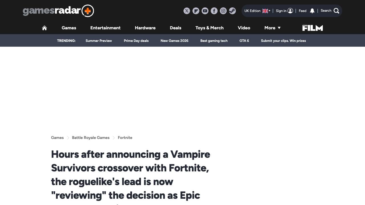 GamesRadar article about Vampire Survivors reviewing Fortnite crossover