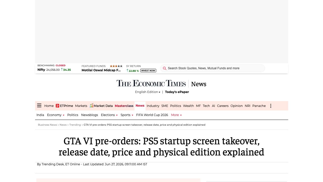 Economic Times article about GTA VI pre-orders and PlayStation promotion