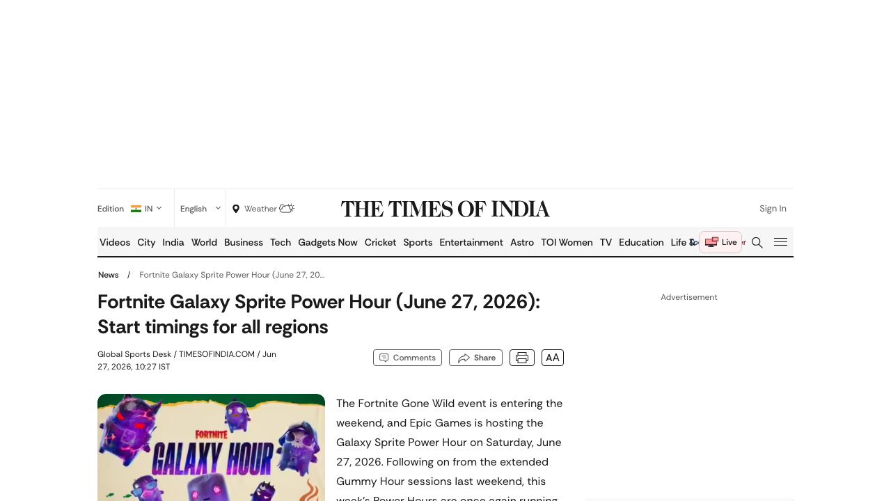 Times of India article about Fortnite Galaxy Sprite Power Hour