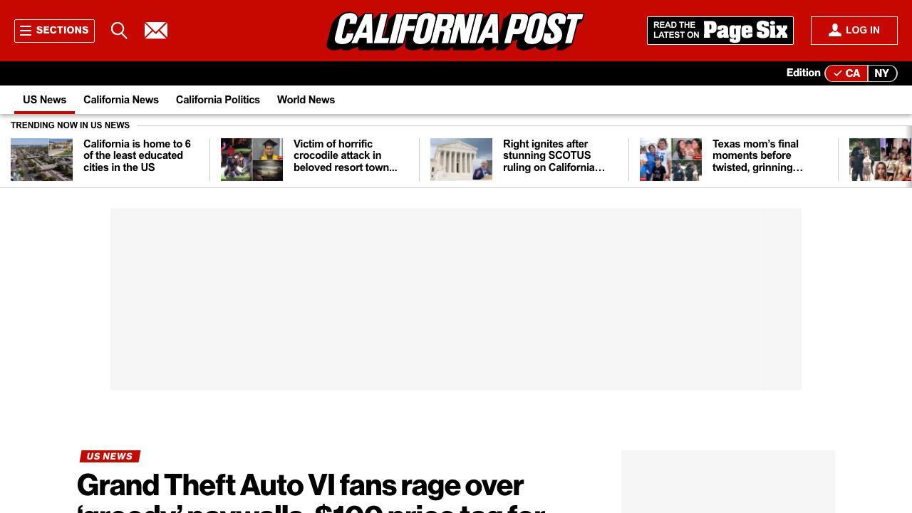 New York Post article about GTA VI price backlash