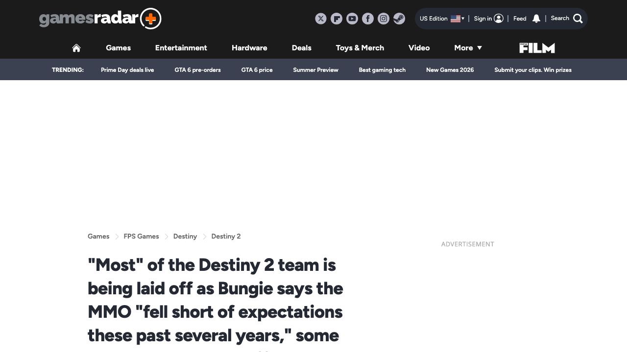 GamesRadar article about Bungie layoff fears after Marathon delay