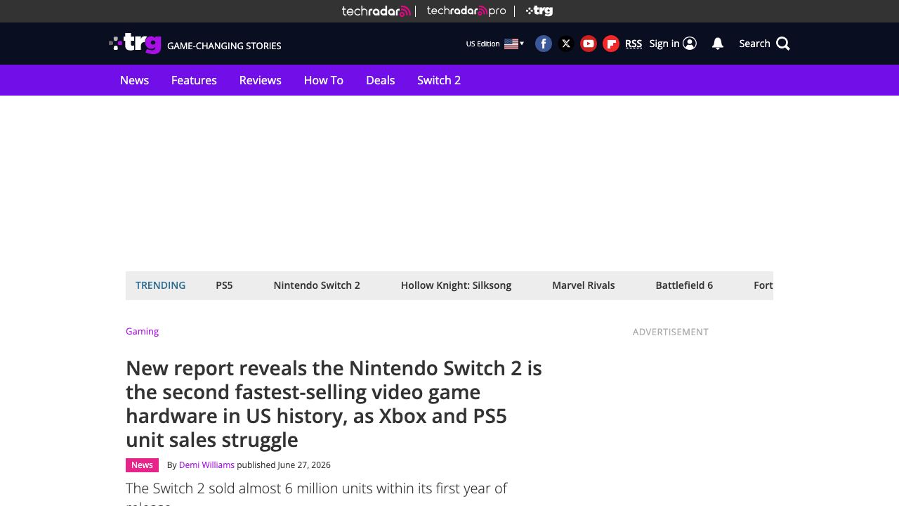 TechRadar article about Nintendo Switch 2 US sales momentum