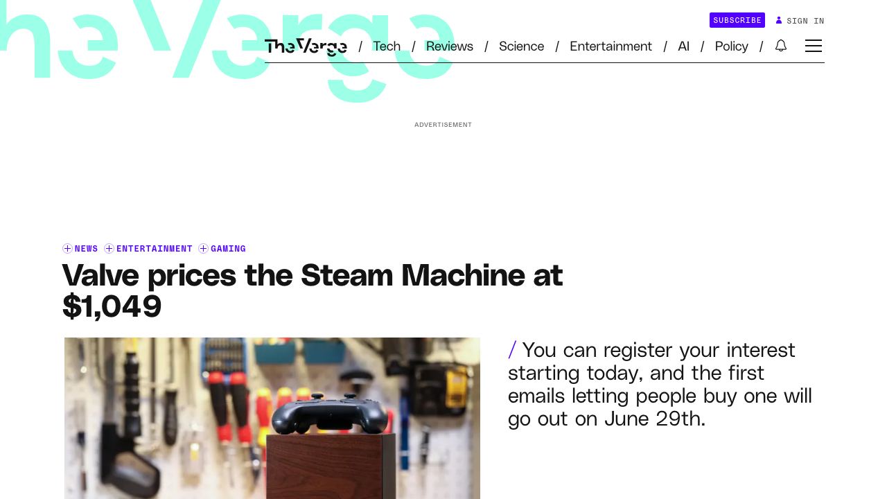 The Verge article about Valve Steam Machine pricing