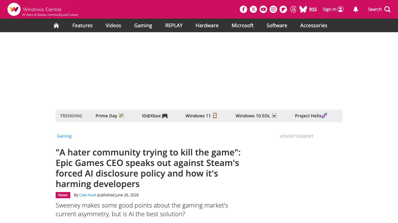 Windows Central article about Steam AI disclosure criticism