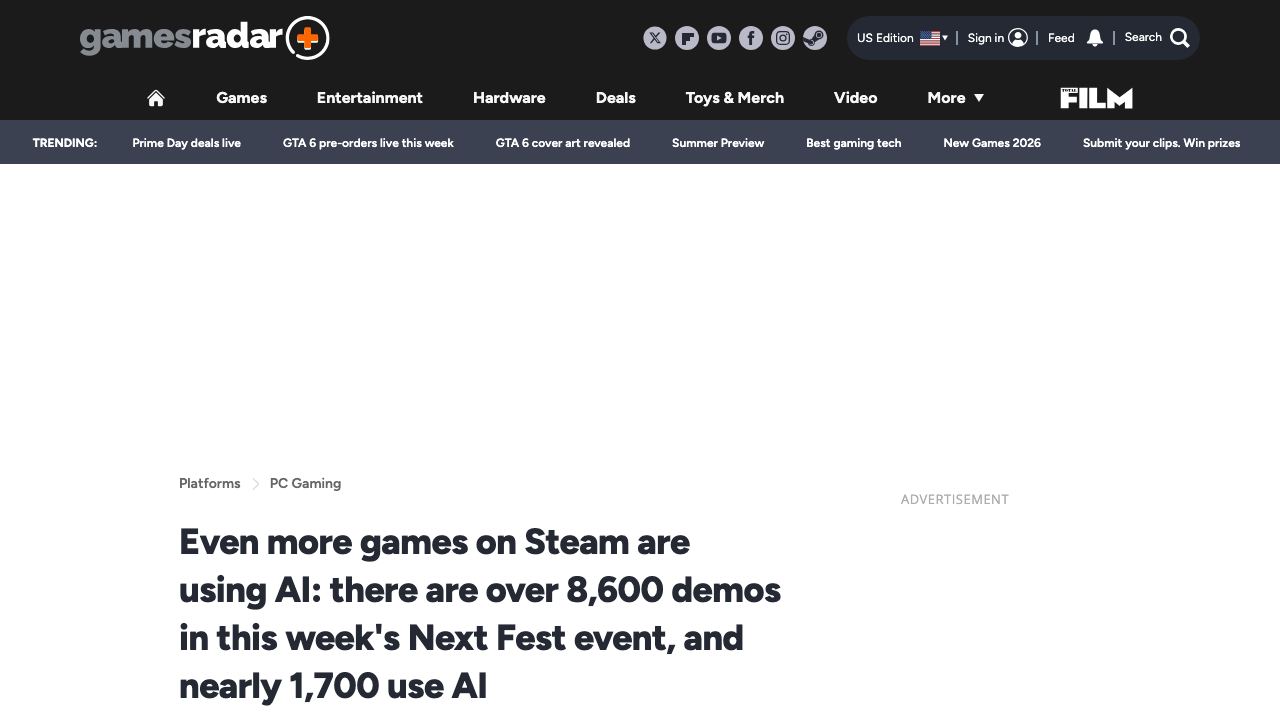 GamesRadar article about AI disclosures in Steam Next Fest demos
