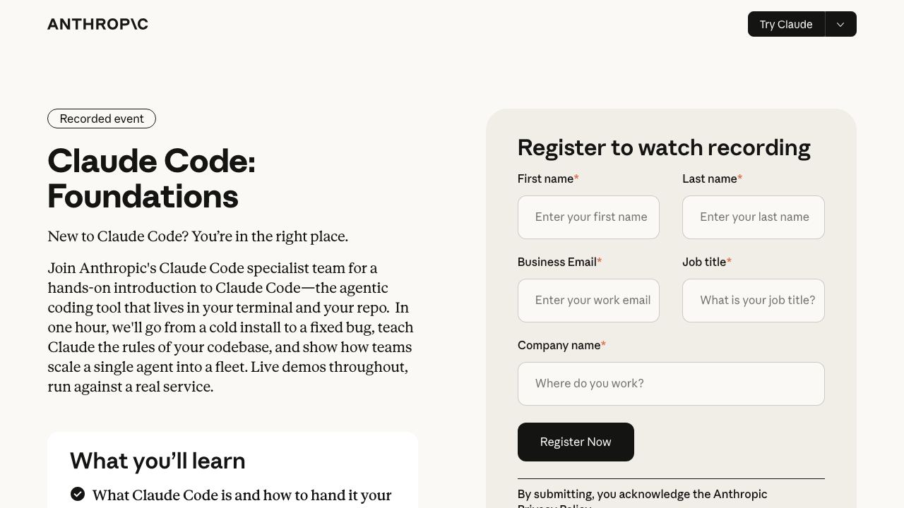 Anthropic Claude Code Foundations webinar page