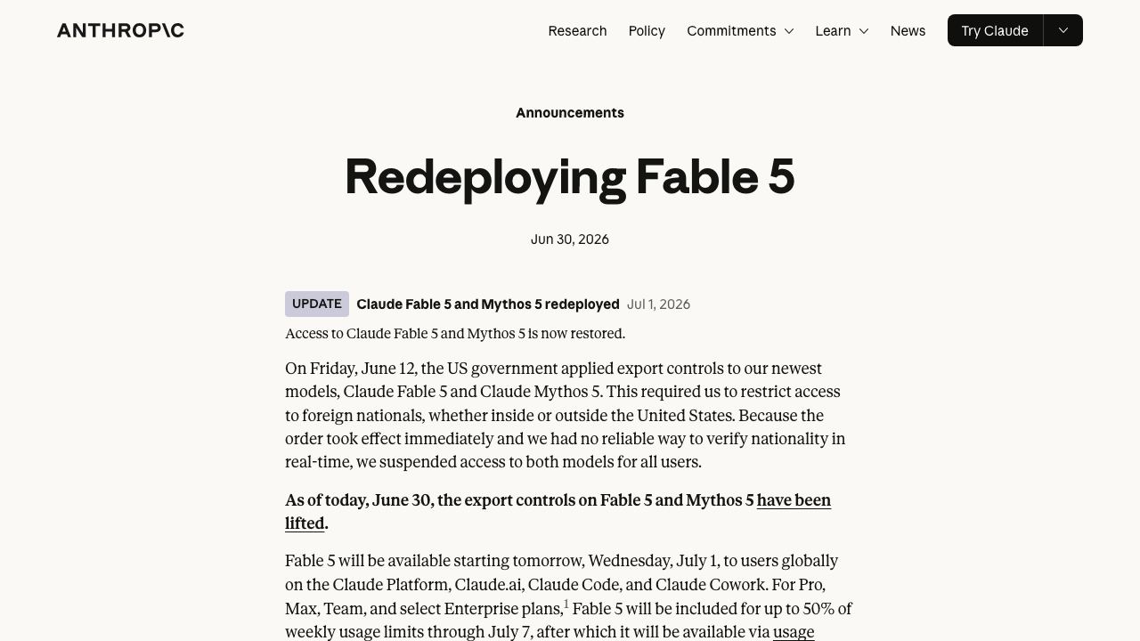 Anthropic announcement about redeploying Claude Fable 5