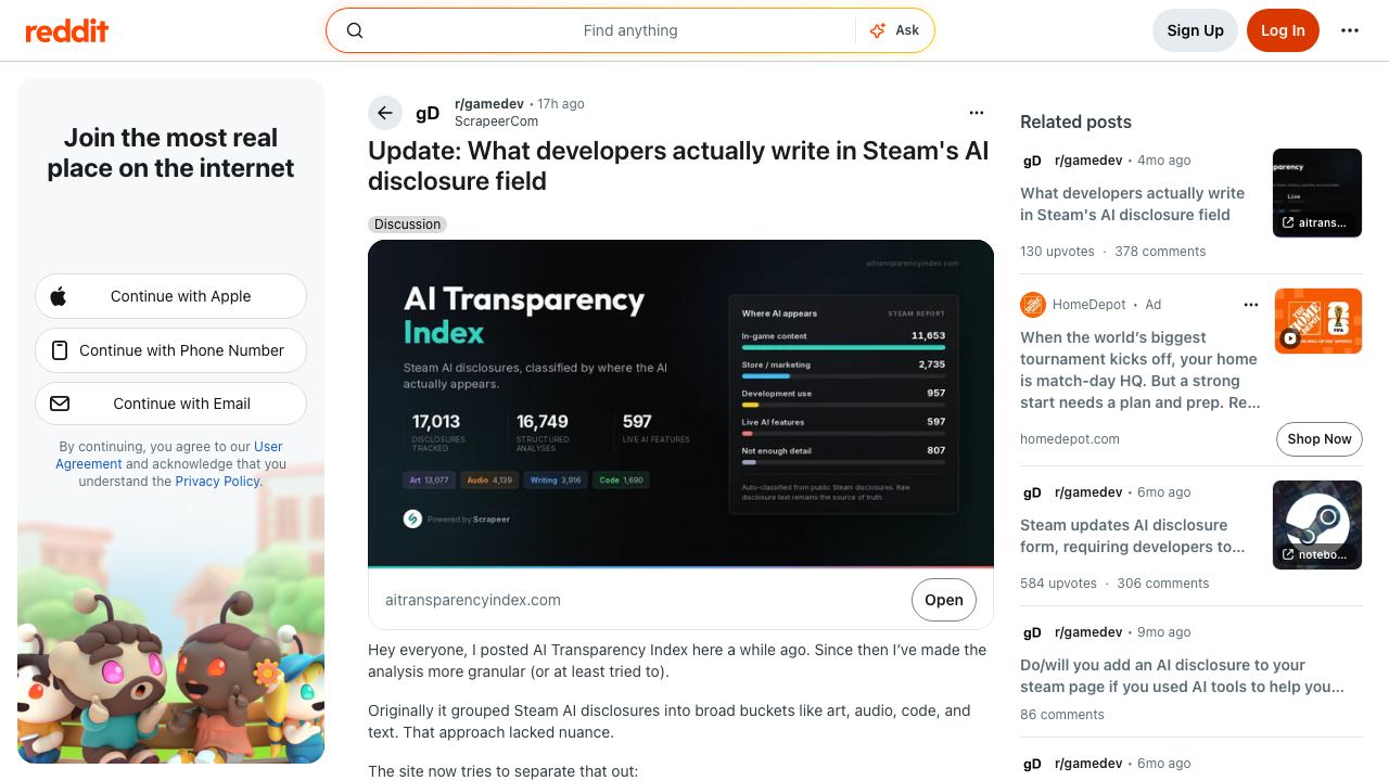 Reddit discussion about Steam AI disclosures