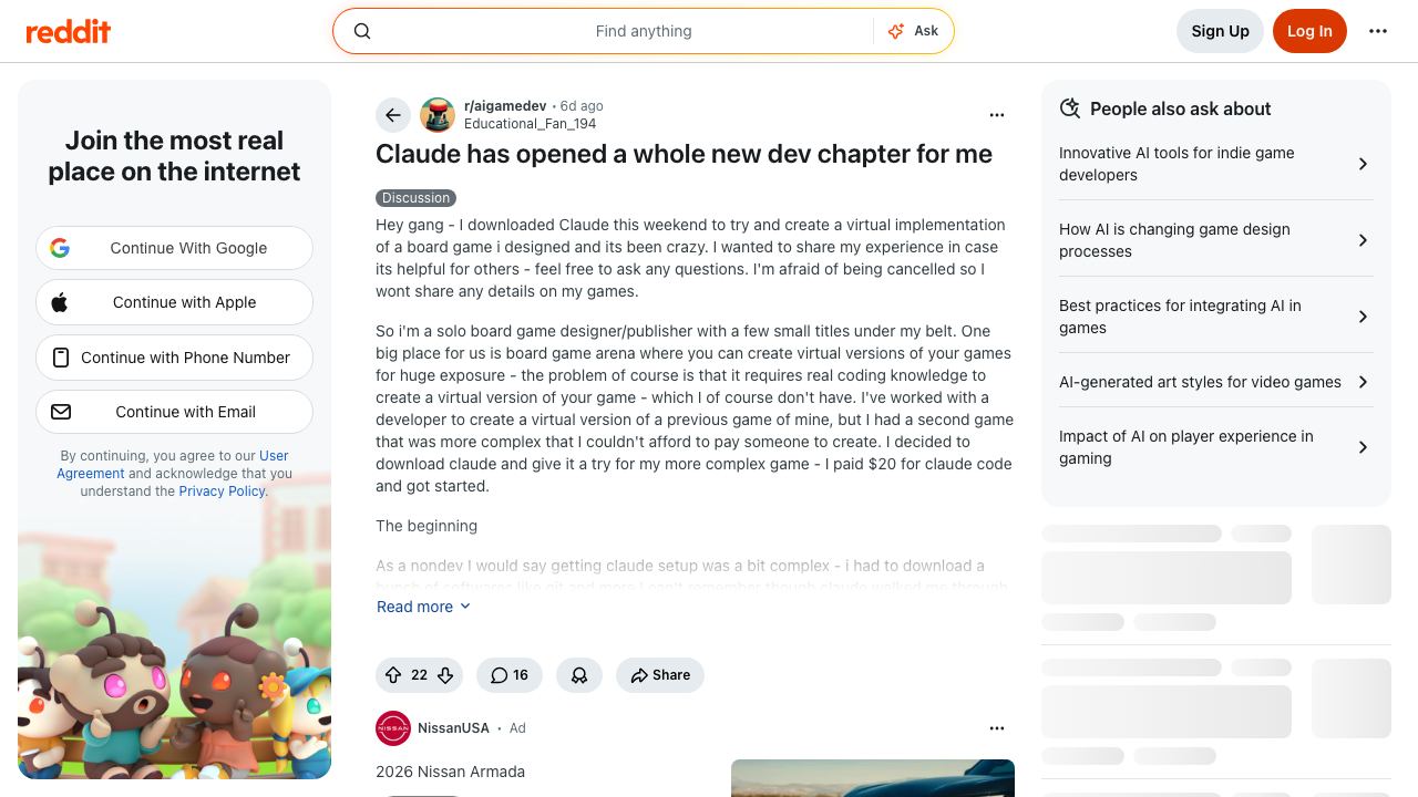 Reddit post about using Claude Code for independent game development
