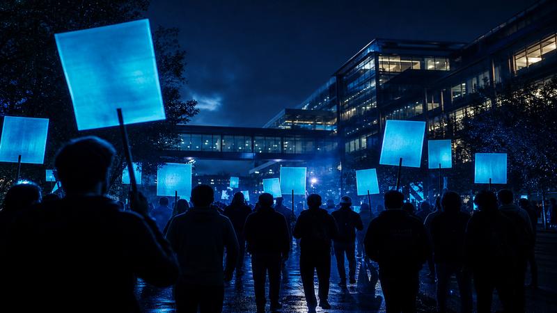 Save Our Devs protest silhouettes outside a tech campus